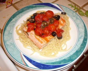 Grilled Salmon with cherry tomato sauce